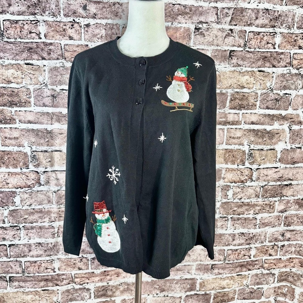 Mercer Street Studio Womens Black Snowman Embroidered Cardigan XL Ramie Cotton